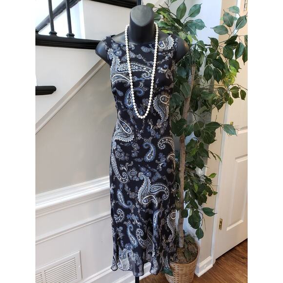 Ann Taylor Long Maxi Dress Womens Petite 2 Black Paisley Sleeveless Round Neck - Picture 1 of 12